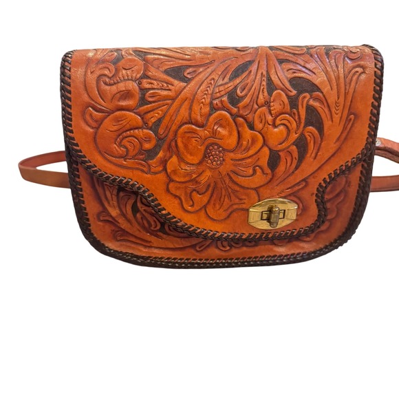 Vintage Tooled Floral Leather Handbag Crossbody 8x6x4" Reddish Brown 70's - Picture 1 of 10